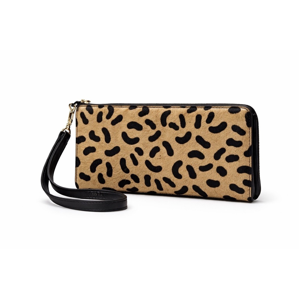 REID Calf Hair Wristlet Women OS Leopard Tan Black Good‎ Animal Print Clutch